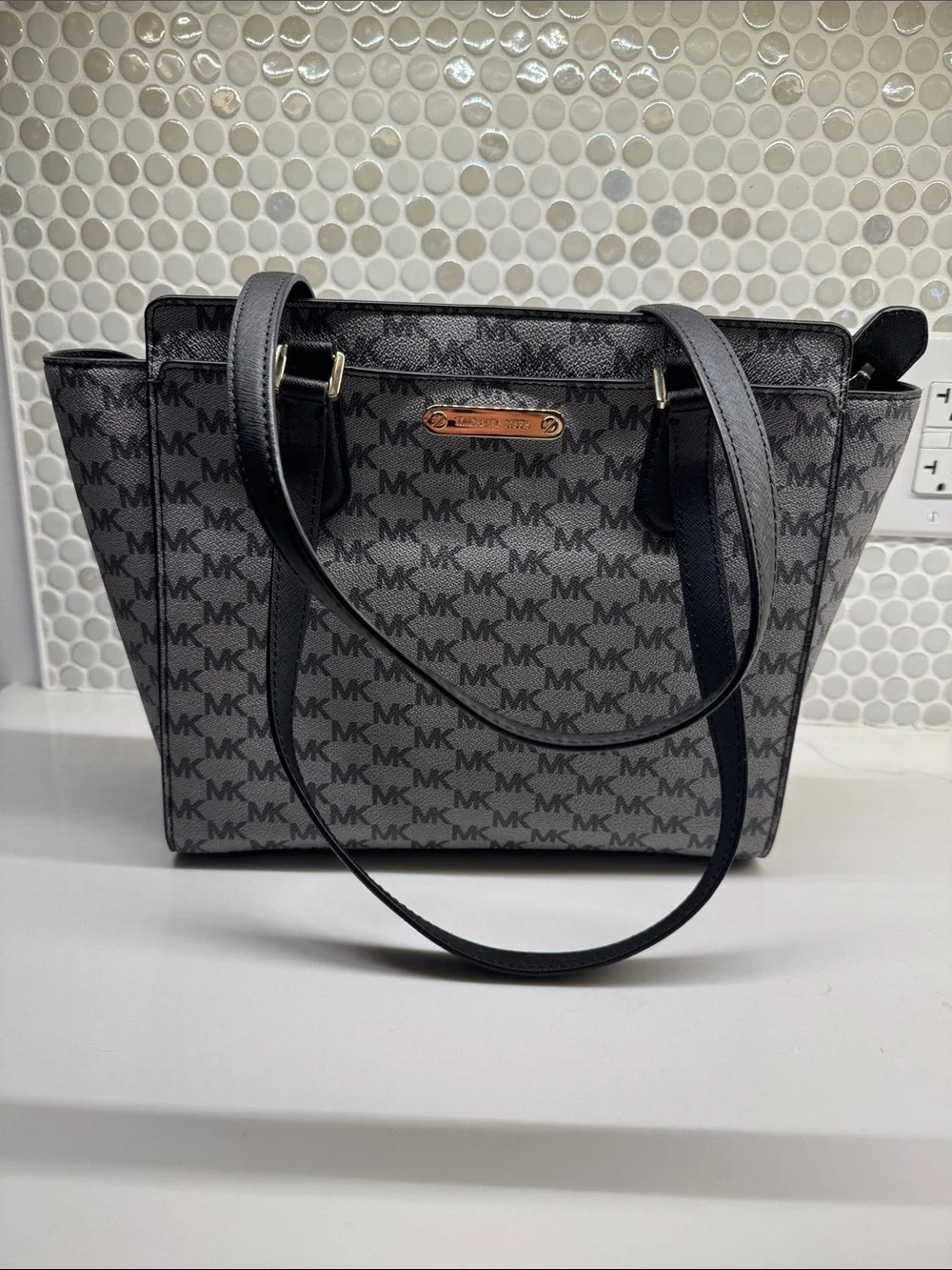 Michael Kors Gray MK Signature Tote with Black Straps